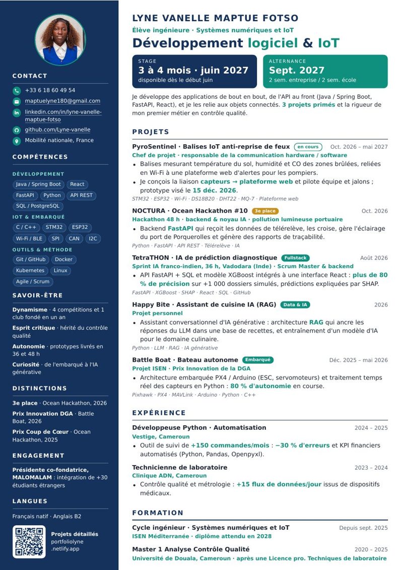 Aperçu de mon CV : développement logiciel et IoT